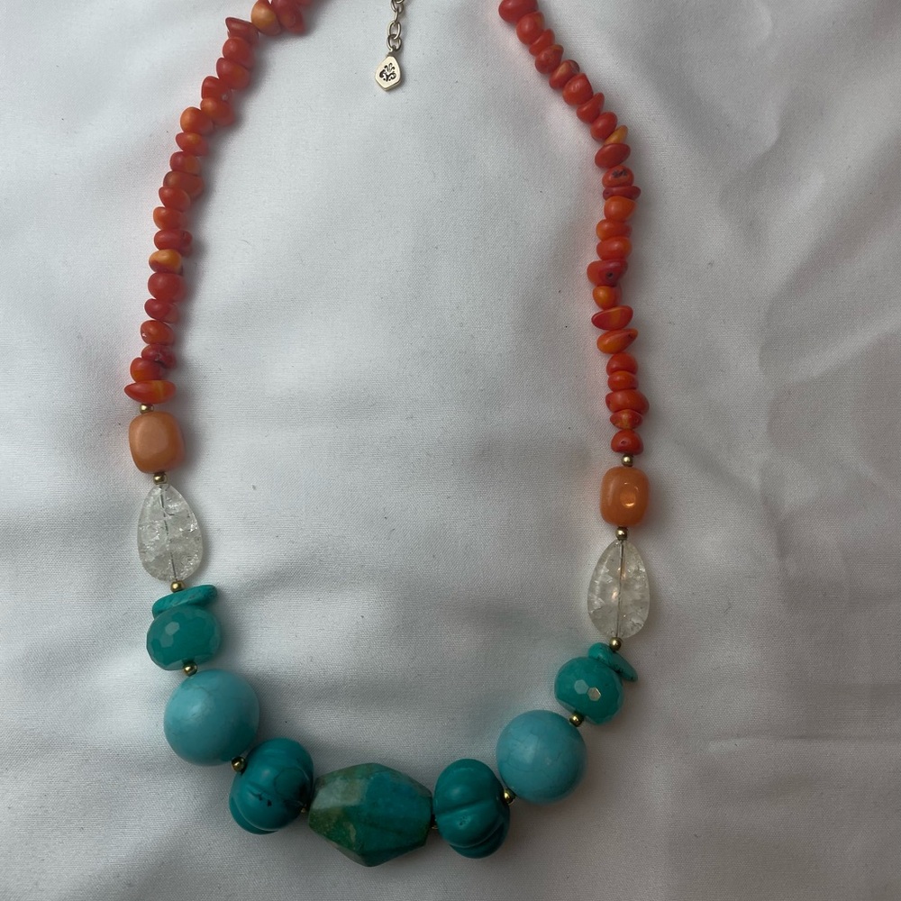 Barse imported turquoise and coral color stone and glass bead necklace